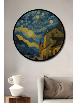 Teona Ahşap Çerçeve Görünümlü Yıldızlı Gece Van Gogh Dekoratif Ahşap Mdf Ev Duvar Tablo Yuvarlak Ev Duvar Tablo