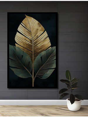 Teona Ahşap Çerçeve Görünümlü Altın Yaprak Tasarımı Ahşap Mdf Dekoratif Ev Duvar Tablo Dikdörtgen Ev Duvar Tablo