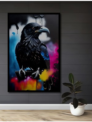 Teona Ahşap Çerçeve Görünümlü Renkli Sanatsal Karga Ahşap Mdf Dekoratif Ev Duvar Tablo Dikdörtgen Ev Duvar Tablo