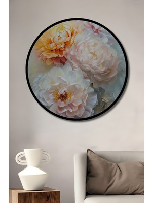 Teona Ahşap Çerçeve Görünümlü Romantik Şakayık Çiçeği Ahşap Mdf Dekoratif Ev Duvar Tablo Yuvarlak Ev Duvar Tablo
