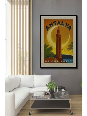 Teona Ahşap Çerçeve Görünümlü Antalya Minare Retro Ahşap Mdf Dekoratif Ev Duvar Tablo Dikdörtgen Ev Duvar Tablo