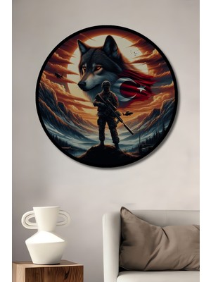 Teona Ahşap Çerçeve Görünümlü Kurt Asker Türk Bayrağı Dekoratif Ahşap Mdf Ev Duvar Tablo Yuvarlak Ev Duvar Tablo