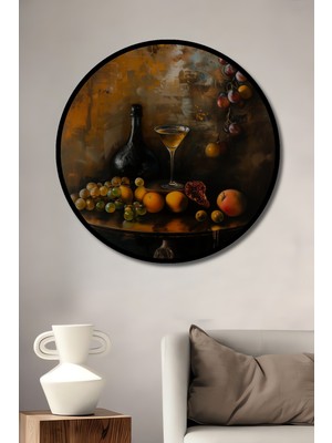 Teona Ahşap Çerçeve Görünümlü Meyve ve Şarap Natürmort Dekoratif Ahşap Mdf Tablo Yuvarlak Tablo