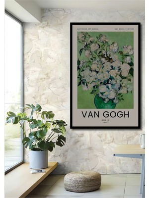 Teona Ahşap Çerçeve Görünümlü Van Gogh Beyaz Güller Ahşap Mdf Dekoratif Ev Duvar Tablo Dikdörtgen Ev Duvar Tablo