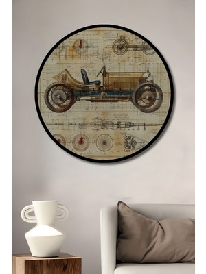 Teona Ahşap Çerçeve Görünümlü Vintage Otomobil Çizim Dekoratif Ahşap Mdf Ev Duvar Tablo Yuvarlak Ev Duvar Tablo