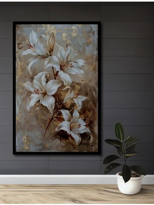 Teona Ahşap Çerçeve Görünümlü Zarif Beyaz Zambaklar Ahşap Mdf Dekoratif Ev Duvar Tablo Dikdörtgen Ev Duvar Tablo