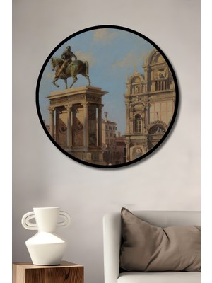 Teona Ahşap Çerçeve Görünümlü Venedik Meydanı Heykel Dekoratif Ahşap Mdf Ev Duvar Tablo Yuvarlak Ev Duvar Tablo