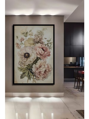 Teona Ahşap Çerçeve Görünümlü Vintage Çiçek Buketi Dekoratif Ahşap Mdf Ev Duvar Tablo Dikdörtgen Ev Duvar Tablo