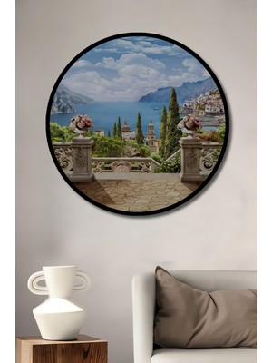 Teona Ahşap Çerçeve Görünümlü Amalfi Sahili Manzarası Ahşap Mdf Dekoratif Ev Duvar Tablo Yuvarlak Ev Duvar Tablo