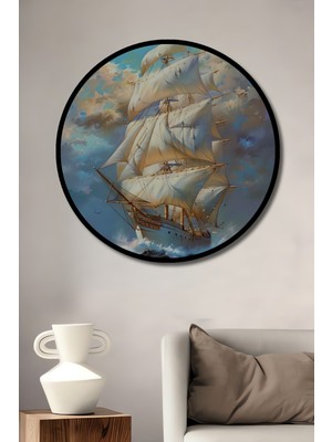 Teona Ahşap Çerçeve Görünümlü Yelkenli Gemide Fırtına Dekoratif Ahşap Mdf Ev Duvar Tablo Yuvarlak Ev Duvar Tablo