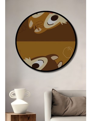 Teona Ahşap Çerçeve Görünümlü Chip ve Dale Karikatür Dekoratif Ahşap Mdf Ev Duvar Tablo Yuvarlak Ev Duvar Tablo
