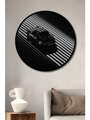 Teona Ahşap Çerçeve Görünümlü Siyah Beyaz Spor Araba Ahşap Mdf Dekoratif Ev Duvar Tablo Yuvarlak Ev Duvar Tablo