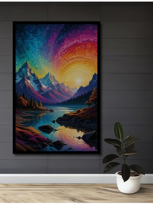 Teona Ahşap Çerçeve Görünümlü Renkli Dağ Manzarası Dekoratif Ahşap Mdf Ev Duvar Tablo Dikdörtgen Ev Duvar Tablo