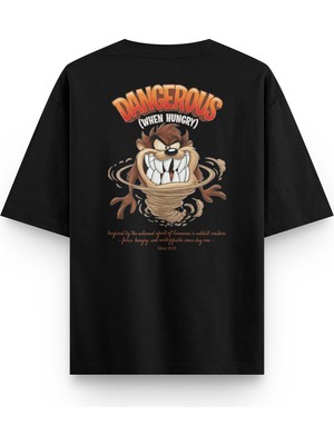 Overoz Tazmanian Devil Tazmanya Canavarı Sırt Baskılı Yarı Oversize Siyah Tshirt 1392