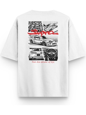 Overoz Beyaz Oversize Tshirt Supra 2jz Sırt Baskılı T-Shirt Oversize Yazılı Unisex Tişört 1209