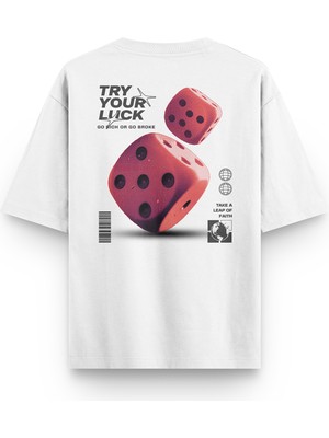 Overoz Beyaz Oversize Tshirt Try Your Luck Sırt Baskılı T-Shirt Oversize Yazılı Unisex Tişört 1216