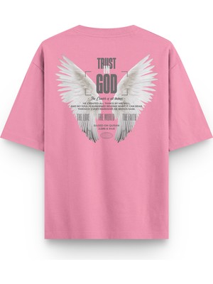 Overoz Pembe Yarı Oversize Tshirt Trust In God Melek Kanadı Angel Baskılı Oversize Tişört 1387