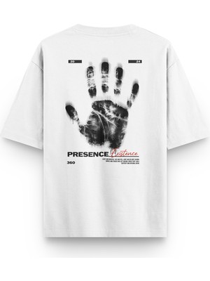 Overoz Beyaz Oversize Tshirt Presence Existence Sırt Baskılı T-Shirt Oversize Yazılı Unisex Tişört 1217