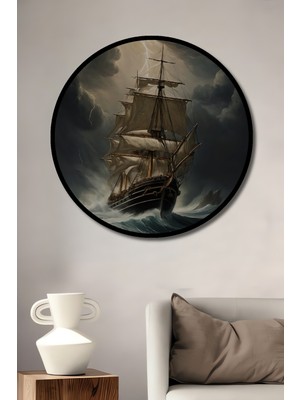 Teona Ahşap Çerçeve Görünümlü Fırtınalı Denizlerde Yelkenli Ahşap Mdf Dekoratif Tablo Yuvarlak Tablo