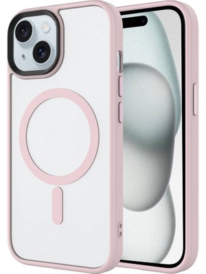 iPhone 15 Plus Uyumlu Mat Arka Yüzey Wireless Şarj Özellikli Aden Flet Magsafe Kapak-Pembe