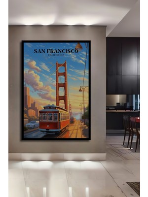 Teona Ahşap Çerçeve Görünümlü San Francisco Golden Gate Tramvay Dekoratif Ahşap Mdf Tablo Dikdörtgen Tablo