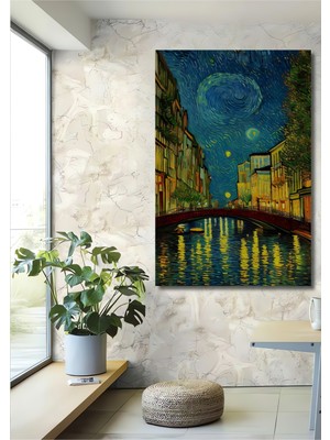 Teona Ahşap Yıldızlı Gece Nehir Manzaralı Dekoratif Ahşap Mdf Tablo Dikdörtgen Tablo