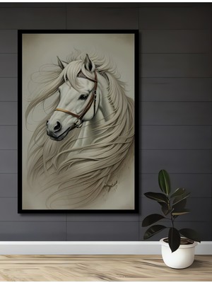 Teona Ahşap Çerçeve Görünümlü Efsanevi Beyaz At Dekoratif Ahşap Mdf Ev Duvar Tablo Dikdörtgen Ev Duvar Tablo