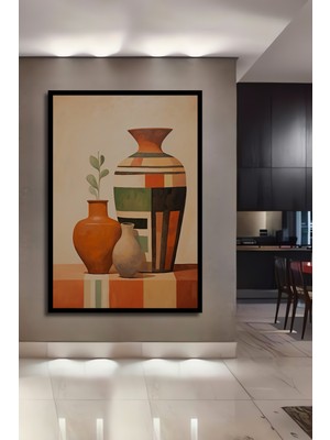 Teona Ahşap Çerçeve Görünümlü Soyut Üç Vazo Dekoratif Ahşap Mdf Ev Duvar Tablo Dikdörtgen Ev Duvar Tablo
