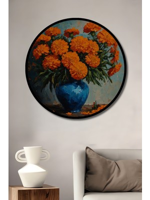 Teona Ahşap Çerçeve Görünümlü Turuncu Çiçekler Dekoratif Ahşap Mdf Ev Duvar Tablo Yuvarlak Ev Duvar Tablo