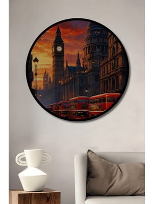 Teona Ahşap Çerçeve Görünümlü Londra Big Ben Kırmızı Otobüsler Ahşap Mdf Dekoratif Tablo Yuvarlak Tablo