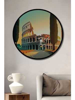 Teona Ahşap Çerçeve Görünümlü Roma Kolezyumu Dekoratif Ahşap Mdf Ev Duvar Tablo Yuvarlak Ev Duvar Tablo
