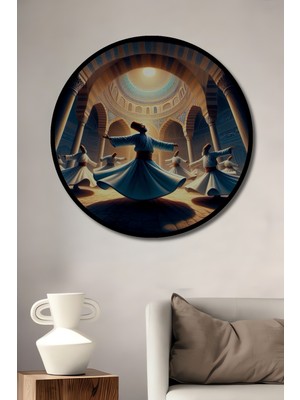 Teona Ahşap Çerçeve Görünümlü Semazenler Ile Mistik Yolculuk Dekoratif Ahşap Mdf Tablo Yuvarlak Tablo