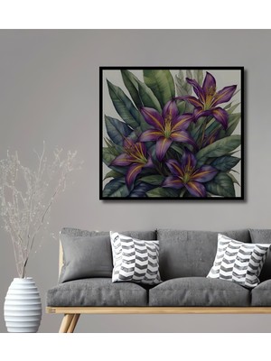 Teona Ahşap Çerçeve Görünümlü Mor Nilüferler Dekoratif Ahşap Mdf Ev Duvar Tablo Dikdörtgen Ev Duvar Tablo