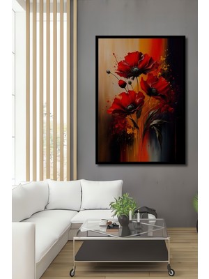 Teona Ahşap Çerçeve Görünümlü Kırmızı Gelincik Ahşap Mdf Dekoratif Ev Duvar Tablo Dikdörtgen Ev Duvar Tablo