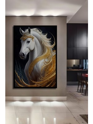 Teona Ahşap Çerçeve Görünümlü Klasik Beyaz At Ahşap Mdf Dekoratif Ev Duvar Tablo Dikdörtgen Ev Duvar Tablo