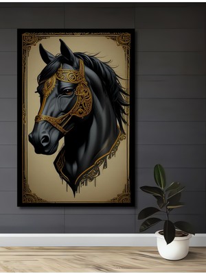 Teona Ahşap Çerçeve Görünümlü Kara At Dekoratif Ahşap Mdf Işyeri Duvar Tablo Dikdörtgen Işyeri Duvar Tablo