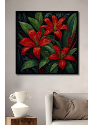 Teona Ahşap Çerçeve Görünümlü Kırmızı Zambaklar Dekoratif Ahşap Mdf Ev Duvar Tablo Dikdörtgen Ev Duvar Tablo