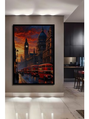 Teona Ahşap Çerçeve Görünümlü Londra Big Ben Kırmızı Otobüsler Ahşap Mdf Dekoratif Tablo Dikdörtgen Tablo