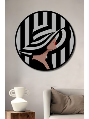 Teona Ahşap Çerçeve Görünümlü Siyah Beyaz Kadın Dekoratif Ahşap Mdf Ev Duvar Tablo Yuvarlak Ev Duvar Tablo