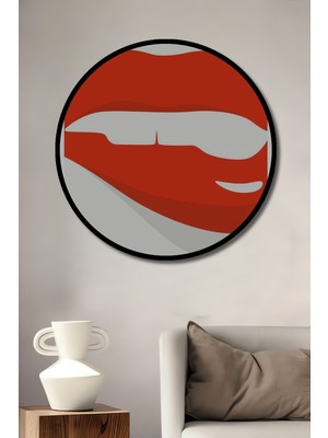 Teona Ahşap Çerçeve Görünümlü Kırmızı Dudaklar Dekoratif Ahşap Mdf Ev Duvar Tablo Yuvarlak Ev Duvar Tablo