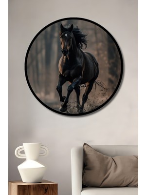 Teona Ahşap Çerçeve Görünümlü Koşan At Doğa Temalı Dekoratif Ahşap Mdf Ev Duvar Tablo Yuvarlak Ev Duvar Tablo