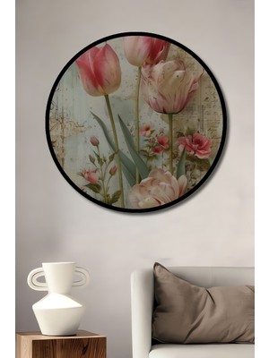 Teona Ahşap Çerçeve Görünümlü Lale Bahçesi Ahşap Mdf Dekoratif Işyeri Duvar Tablo Yuvarlak Işyeri Duvar Tablo