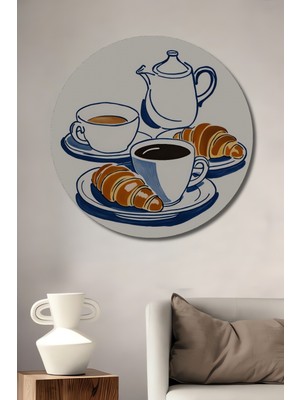 Teona Ahşap Kahve ve Kruvasan Keyfi Ahşap Mdf Dekoratif Ev/işyeri Duvar Tablo Yuvarlak Ev/işyeri Duvar Tablo