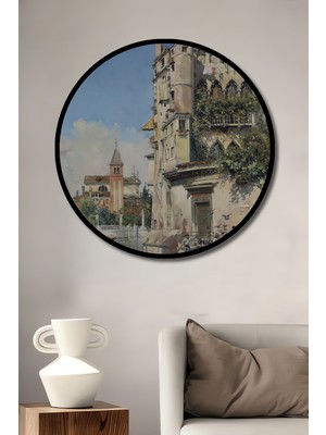 Teona Ahşap Çerçeve Görünümlü Venedik Kanalı Ahşap Mdf Dekoratif Ev Duvar Tablo Yuvarlak Ev Duvar Tablo