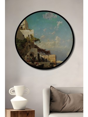 Teona Ahşap Çerçeve Görünümlü Akdeniz Kıyısında Huzur Temalı Dekoratif Ahşap Mdf Tablo Yuvarlak Tablo