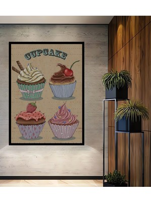 Teona Ahşap Çerçeve Görünümlü Lezzetli Cupcake Ahşap Mdf Dekoratif Ev Duvar Tablo Dikdörtgen Ev Duvar Tablo