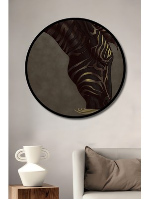 Teona Ahşap Çerçeve Görünümlü Altın Çizgili Zebra Dekoratif Ahşap Mdf Ev Duvar Tablo Yuvarlak Ev Duvar Tablo