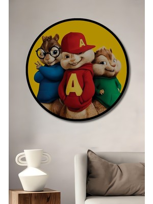 Teona Ahşap Çerçeve Görünümlü Alvin ve Sincaplar Dekoratif Ahşap Mdf Ev Duvar Tablo Yuvarlak Ev Duvar Tablo