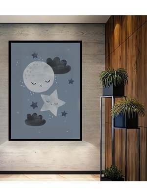 Teona Ahşap Çerçeve Görünümlü Ay Yıldız Bulut Ahşap Mdf Dekoratif Ev Duvar Tablo Dikdörtgen Ev Duvar Tablo
