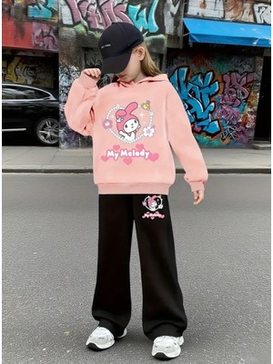 Punix Kids Punıx Kıds Özel Seri Kapüşonlu My Melody Baskılı %100 Pamuk Kışlık Ispanyol Paça Kız Çocuk Eşofman Takımı